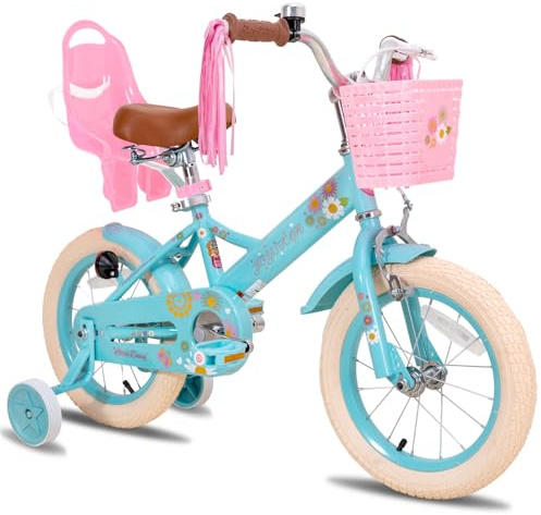 JOYSTAR 12 Inch Kids Bike Little Daisy Girls Bike with Training Wheels Doll Bike Seat Basket & Streamers Princess Kids Bicycle for Girls Toddler of 2-4 Years Toddler Girl Bikes Blue