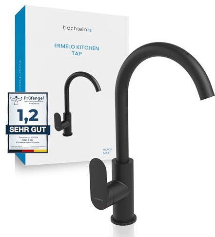 Bächlein Universal Küchenarmatur Ermelo in Matt Schwarz – Spültischarmatur mit 360° schwenkbarem Auslauf, moderner Wasserhahn für die Küche