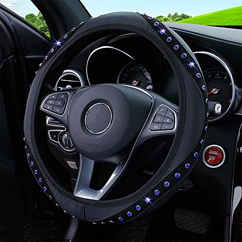 Duories Universal Lenkradbezug Auto Lenkradhülle,Glitzer Bling Diamant Leder Lenkradbezug,37-38cm Anti Rutsch Lenkradhüllen Lenkrad Abdeckung Lenkradschoner Auto-Dekozubehör für Frauen Damen,Blau