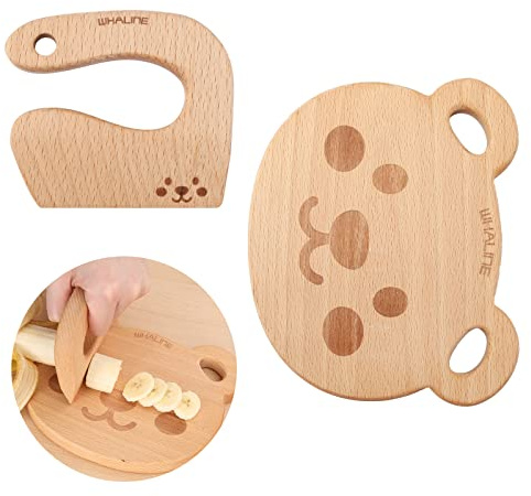 Whaline Wooden Kids Knife Set Cute Bear Wooden Cutting Board and Safe Natural Thick Montessori Knife for Kids Toddlers Kitchen Tools Vegetable and Fruit Cutter Cooking, 2Pcs