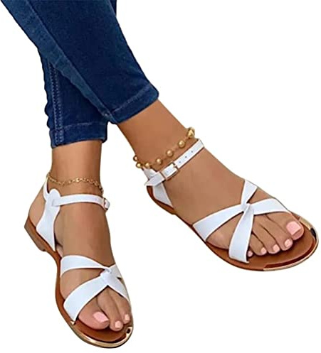 ORANDESIGNE Sandales Femme été Confortable Sandales Plates Décontractées à Lanières G Blanc 39 EU