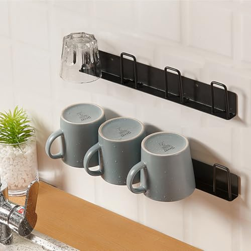 BAIEUEJO 2pcs Mug Hooks Wall-Mounted Mug Holder, Coffee Cups Holder Hanger no Drilling,Mug Rack Hooks with 4 Cup Holders,RV Must Haves Cups Storage Hooks ​for Kitchen,Living Room,Office (Black)