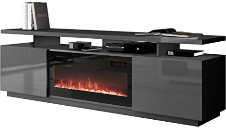 Mirjan24 TV Schrank Lostino mit Elektrischem Kamin, Realistische LED-Flamme, Elektrischer Kamin mit Heizung, TV Lowboard (ohne Beleuchtung Graphit/Graphit Hochglanz)