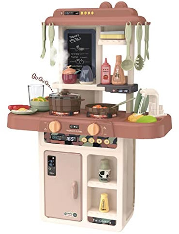 Cucina giocattolo per bambini Unisex, include 36 accessori, fornelli elettrici con simulazione di fuoco, rubinetto con pompa dell'acqua, lavagna e molto più giocattoli + 3 anni (marrone)