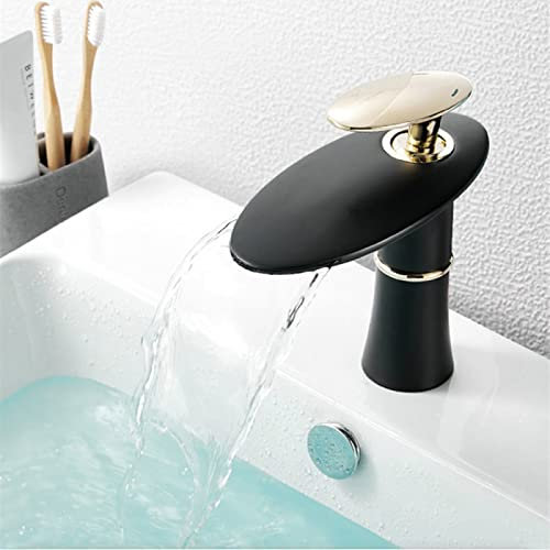ZYCDP Wasserhahn Bad Waschbecken Wasserfall, Mischbatterie Badarmatur Waschtischarmatur, Einzelgriff Badezimmer Wasserhahn Kurz Schwarz Gold