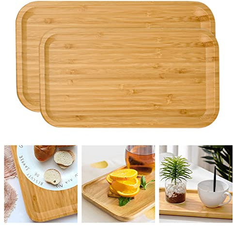 Favengo 2 Pcs Bandeja Bambú Rectangular 29 x 15,5 x 2 cm Madera Desayuno Servir Comida Grande Natural para Desayuno Té Mesa de Café Cama Recicladas