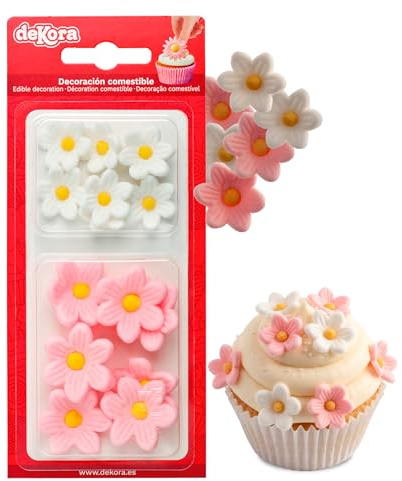 Dekora - Essbare Blumen für Torte aus Zucker - Box mit 7 weißen und 7 rosa Gänseblümchen - Zuckerblumen Tortendeko Geburtstag Essbar