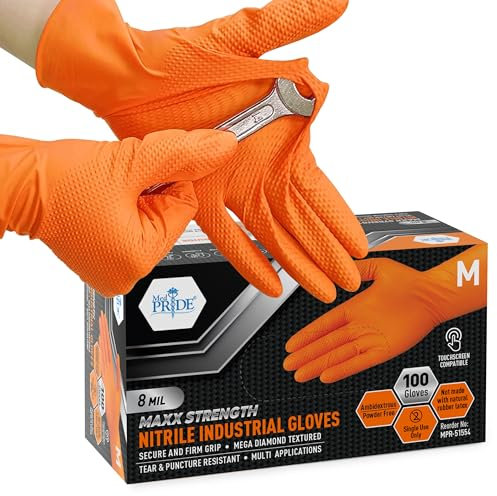MED PRIDE Orange Medical Disposable Nitrile Gloves 8 Mil, Diamond Textured, Latex-Free, Medium, 100 Count, Ideal for Rv Sewer Dump, Industrial Use