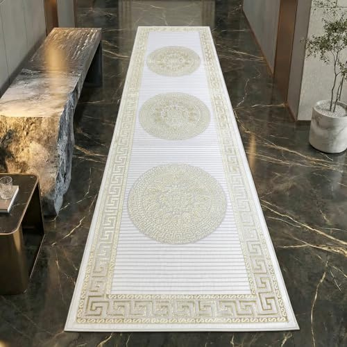 Teppich-Traum Kurzflor Teppich Orient Ornamente Creme Gold 80x300 cm | Pflegeleicht, strapazierfähig, schmutzabweisend, fußbodenheizungsgeeignet, OEKO-TEX geprüft, mit Glanzeffekt, 8 mm Flor