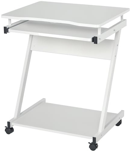 HOMCOM Bureau Informatique Roulant - Bureau Mobile - Table d'ordinateur - Tablette coulissante Clavier + étagère - Blanc