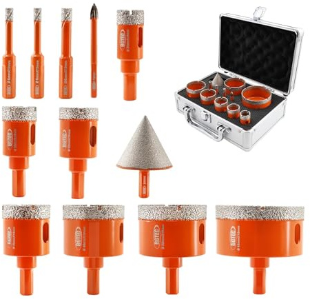 BGTEC Diamant Fliesenbohrer Set - Diamantbohrer 6/6/8/20/25/28/35/45/50/65mm& Diamant Fasenbohrer 50mm& Positionierbohrer 6mm für Fliesen Porzellan Keramik Marmor Granit Bohrungen | Fliesenlochschneider & Fasenbohrer & Hartmetallbohrer für Porzellan, Fliesen, Keramik, vakuumgelötet für längere