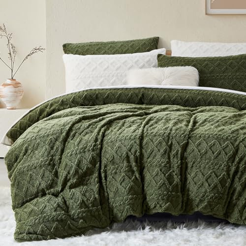 Sedefen Vert Housse de Couette 200x200 cm Polaire Sherpa Hiver Chaude Duveteuse Tuftée à Rayures Parure de lit 2 Personnes Fille Ado Peluche Flanelle Linge de lit Avez Fermeture Éclair