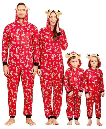 IFFEI Family Julpyjamas set i ett stycke pyjamas set med huva jultomte älvor onepiece outfit, röd, 10-11 Jahre