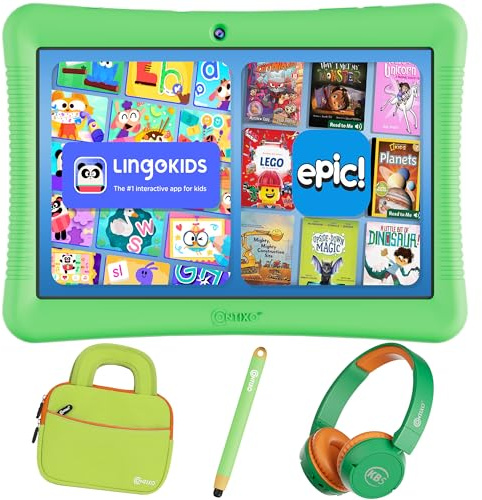Contixo 10 Android Kids Tablet Bundle - 32GB, with Epic & Lingokids Educational Apps, Parental Controls, Kid-Proof Case w/Kickstand & Stylus, Headphones & Sleeve Bag - Green