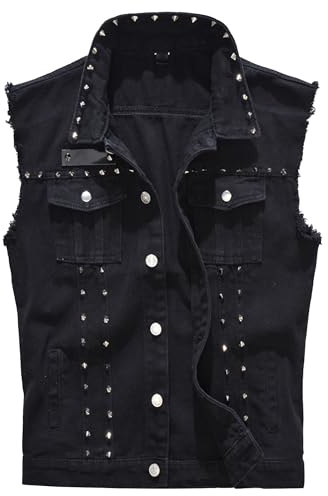 ZDJSWJ Herren-Weste, Punk, Rock, Denim, Jacke, Revers, Mantel, Niet, Jacke, Knopf, Trucker, Jeans, ärmellos