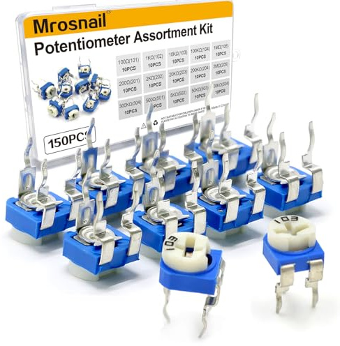 15 Values 100-2M Ohm Potentiometer, 6mm Adjustable Variable Resistor Assortment Kit, 150 pcs, with Transparent Plastic Storage Box for DIY Electronics, Circuit Projects, and Repair