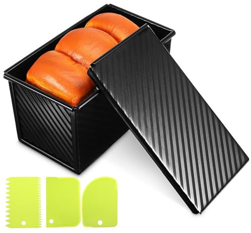 PRETYZOOM Moule À Pain Rectangulaire Avec Couvercle Et 3 Pièces Grattoir Antiadhésif Pullman Boîte À Pain En Acier Au Carbone Moule De Cuisson De Pain Moule À Pain Ondulé Ustensiles De