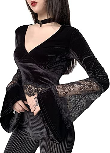 XKBHYD Women Gothic Crop Tops - Lace V Neck Long Sleeve Velvet Shirts - Grunge Punk Harajuku Tops Y2K Emo Alt Clothes