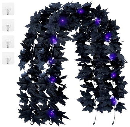 YUE QIN 2 Pack Halloween Wreath Decorations Artificial Black Maple Leaves Fall Wedding Decor With Mysterious Ambiance Purple Realistic Autumn Garland for Indoor Tabletops Window Backdrop