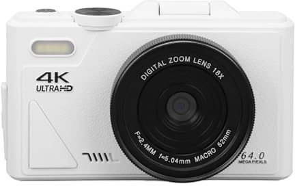 SENECESLI 4K Digitalkamera, 18 facher Zoom, Retro Videokamera, Camcorder, Autofokus mit 3 Zoll Klappbildschirm, Tragbare 64 MP Reisekamera für Fotografie Vlogging (White)