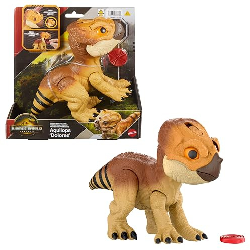 Mattel Jurassic World Figurine Aquilops à apprivoiser, dinosaure interactif Dolores avec actions et sons d’attaque, figurine électronique façon animal de compagnie avec accessoire de nourriture,JGC01