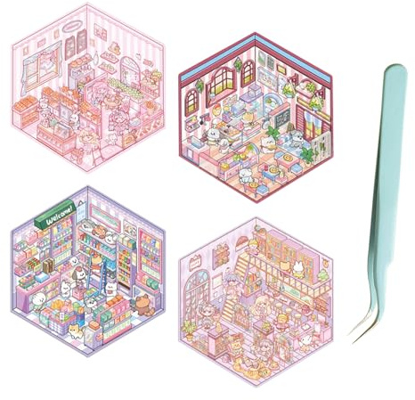 DIY 3D House Stickers,4 Sets DIY 3D House Stickers,2024 DIY 3D House Stickers Scene,Make Your Own Flower House 3D Room Sticker Scene Stickers,Hausaufkleber 3D-Aufkleberszene Für Kinder Erwachsene (B)