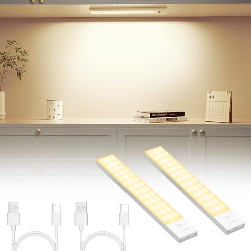 OUILA Unterbauleuchte Küche LED 2 Stück 23CM Schrankbeleuchtung USB Wiederaufladbar Magnetische Lampe Kabellos Schranklicht mit Bewegungsmelder für Schlafzimmer, Werkstatt (Warmweiß)