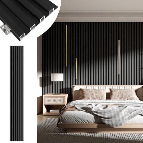 Monivi Black Wall Panels for Interior Decor 96x6.6in 8Pack WPC Wall Panel Waterproof Matte Finish Black 3D Accent Wall for Living Room Bedroom Hall Office, 33.6 sq.ft Coverage Slat Wall Paneling