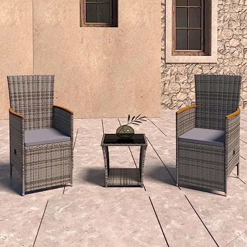 KTHLBRH 3-TLG. Garten-Lounge-Set mit Kissen Poly Rattan Grau Balkonmöbel-Sets Outdoor-Möbel-Sets Gartenmöbel-Sets Terrassenmöbel-Sets für Terrasse, Garten, Balkon