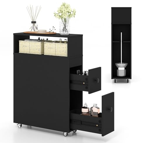 COSTWAY Meuble de Salle de Bain à 2 Tiroirs et 2 Paniers, Colonne Salle de Bain à 4 Roues avec Porte-Brosse, Gain de Place, Meuble WC Toilette, 19 x 50 x 72 cm (Noir)