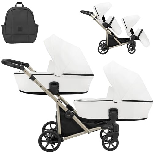 Kunert BRAV DUO Zwillingskinderwagen 2 in 1 + Zubehör: Komfort, Sicherheit, Praktikabilität, elegantes und funktionales Design, vielseitiges System, Aluminiumrahmen, leicht, Kunstleder weiß/schwarz