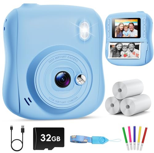 Hangrui Kids Camera Instant Print, HD Instant Camera for Kids with 32GB Card & Print Paper, 14MP 1080P Kids' Digital Cameras, Christmas Birthday Gifts Toy for Girls & Boys Aged 3-10 -Blue