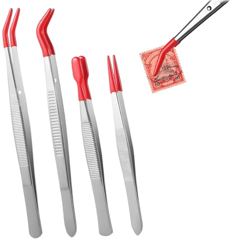 4 piezas Pinzas con punta de goma, Pinzas de codo de acero inoxidable, Pinzas curvadas con silicona de PVC, para laboratorio, industria, joyería (goma roja)