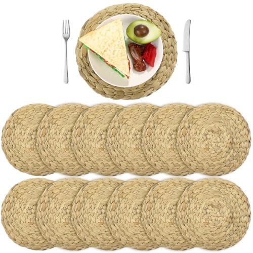 12 Handcrafted Round Rattan Placemats, 11.8 Braided Water Hyacinth Mats, Heat-Resistant Rustic Tablemats for Dining, Non-Slip Natural Table Mats for Kitchen
