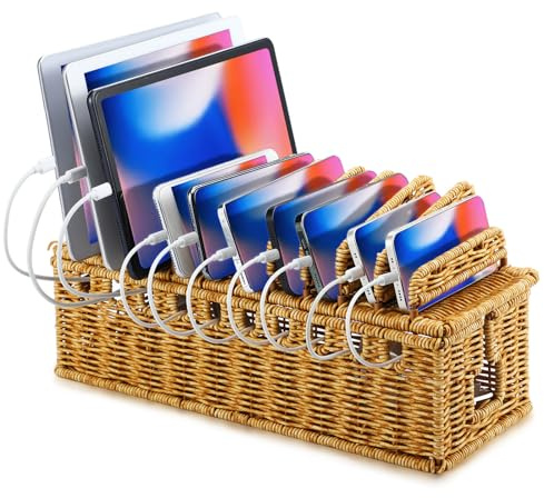 Geelin Cable Management Box Handwoven Imitation Rattan Cord Hider Organizer Box Charging Station Basket Desktop Cord Organizer with Removable Divider for 10 Devices 15 x 6 x 10.5 Inch