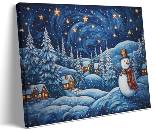 AEMYSKA Stampa artistica da parete su tela con pupazzo di neve, stile vintage, con albero di Natale, capanna e neve, decorazione artistica da parete con cornice, per camera da letto, soggiorno