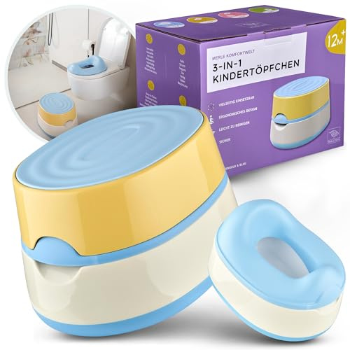 Merle Toys 3-i-1 potta för barn, toalett TÜV-testad, BPA-fri, Baby Potty Träningstoalett, baby potta från 1 år, barntoalett + toalettsits barn pall lätt att rengöra, blå/gul