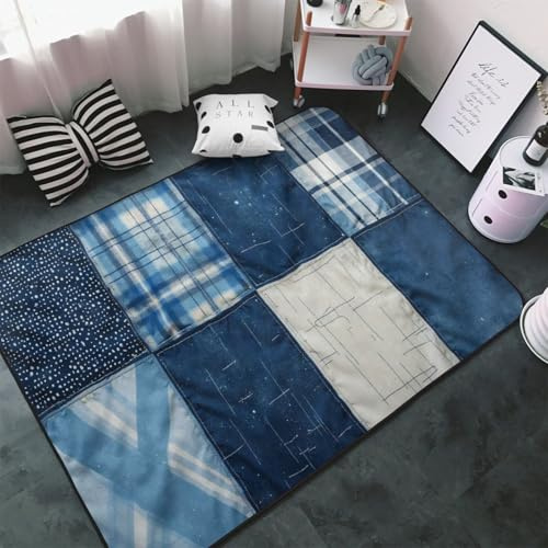Tappeto moderno blu con stampa patchwork per soggiorno camera da letto, lavabile, morbido, 7,6 x 12,7 cm, tappeto antiscivolo per camera da letto, decorazione estetica 152,4 x 99,1 cm