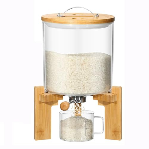 Distributeur de riz, récipient de stockage en verre pour céréales, farine et céréales avec couvercle hermétique et support en bois, récipient de stockage alimentaire en verre pour l'organisation de la