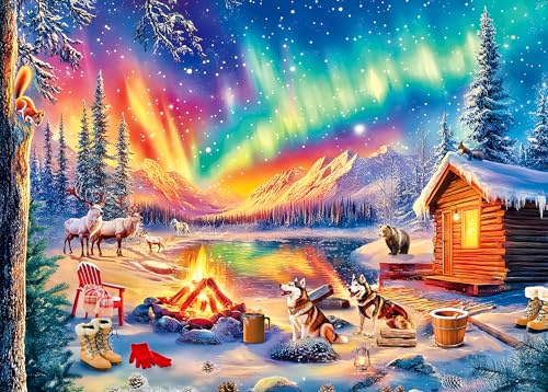 Puzzle 500 Teile – Puzzle für Erwachsene – Lagerfeuer unter den Nordlichtern