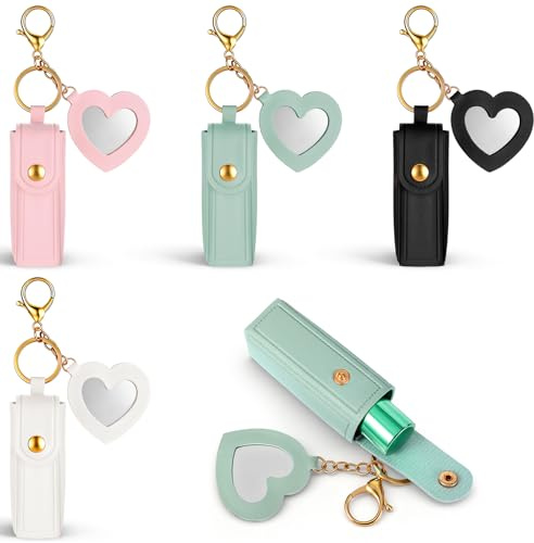 Xyembu 4 Pcs PU Leather Potable Lipstick Holder Keychain, Potable Lipstick Keychain Case Organizer, Lip Balm Holder with Mirror, Lip Gloss Keychains Holders, Travel Storage Case for Women