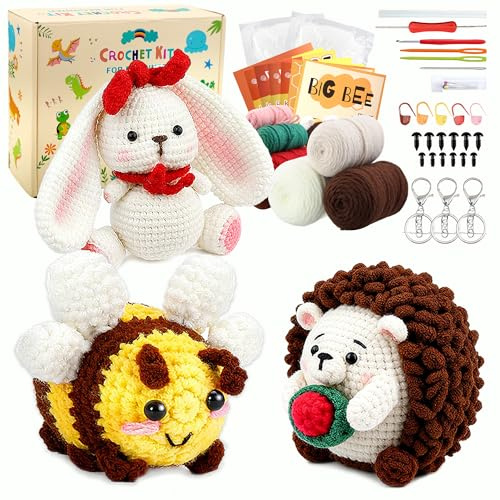 Velozenithize Häkelset für Anfänger, Dreiteiliges Häkelset Tiere (Igel, Hase, Große Biene), Crochet Set mit Anleitung und Video-Tutorial für Erwachsene und Kinder geeignet