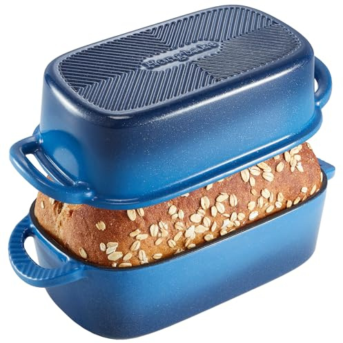 HONGBAKE Everline Collection 2 in 1 Enameled Cast Iron Loaf Pan with Lid, 9x5 Bread Pans for Baking Homemade Sourdough, Nonstick Large Banana Baking Tins, Even Heating Bread Dutch Oven, Blue