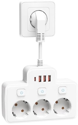 LEHOTPIA Steckdosenleiste mit USB, 3 Fach Mehrfachsteckdose Mit Einzelschalte Mehrfachsteckdose Mit 3 USB & 1 Type-C (5V 2,1A) für Küche Wohnzimmer Schlafzimmer(weiß)