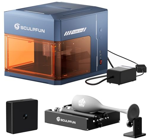 SCULPFUN iCube Ultra 12W Laser Graviermaschine, mit Air assist, laser rotary roller, iCAM Kamera, Desktop Laser Cutter für Holz, Leder, Acryl, mit Auto-Fokus & Rauchfilter