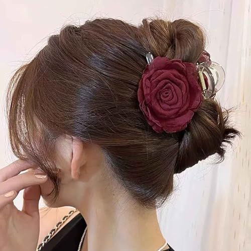 Cybche Boho Gran Flor De Pelo Garras Clips De Tela De Color Rojo Rosa Pinza De Pelo Grueso Pelos Antideslizante Fuerte Sujeción Pinza De Garra Acrílico Lindo Gran Garra Floral Hairs Clips Accesorios