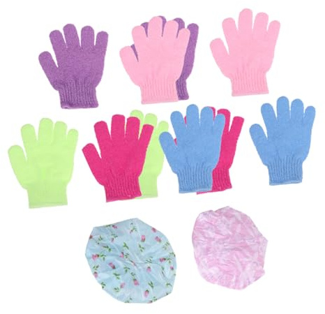 Homoyoyo Badehandschuhe und Spitzenbadehauben-set Fünf-fingerige Duschhandschuhe aus Nylon Badehauben zum Schutz für Peeling und Duschgebrauch Zufällige Farbe