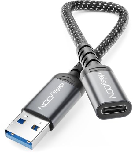 deleyCON Adattatore USB-C a USB 10 Gbps - Presa C a Spina A - Cavo per iPhone Serie 17/16/15, iPad, Galaxy Serie S25/S24/S23, A56, A16, Laptop, SSD, HDD, Notebook, CarPlay ecc.