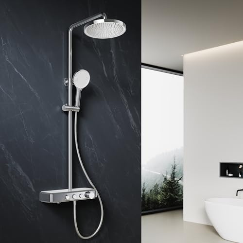ELEGANT Thermostatic Shower Mixer Set with 11 Round Rainfall Shower Head, French Wannai Valve Core with Child Lock, 3 Modes Round Shower Head with Mobile Stand, Tub Spout, Anti-Scald,Easy Install