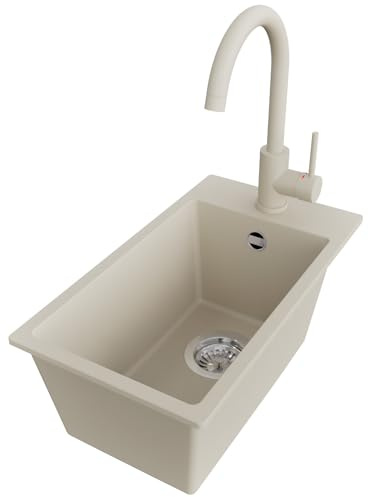 PRIMAGRAN Lavandino da Cucina al Mobile 30cm + Rubinetto, 28x50cm | Set: Rubinetto BW5010 + Kit di scarico (sifone, piletta, troppopieno) + Lavello in Granito a 1 Vasca - Riga, Beige
